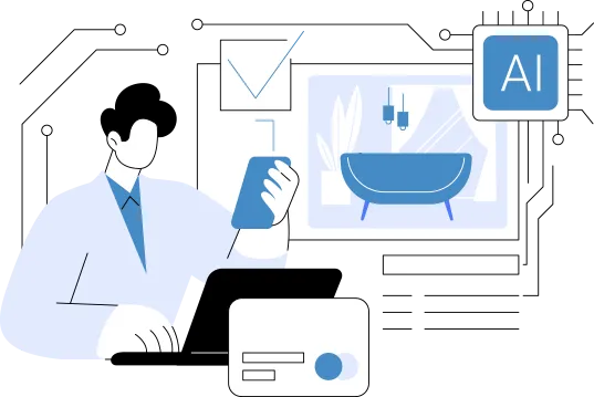 AIを用いて登記情報を解析してデータ化している人物のイラスト