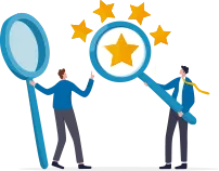 五つの星を虫眼鏡で拡大しているイラスト