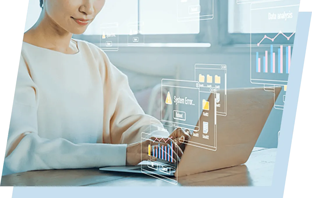 ノートパソコンで作業をする様子とシステムイメージが浮かび上がっている画像